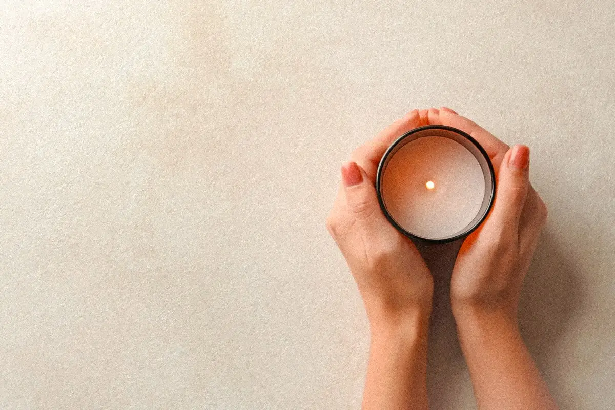 Mãos segurando uma vela acesa, simbolizando reflexão na Quaresma